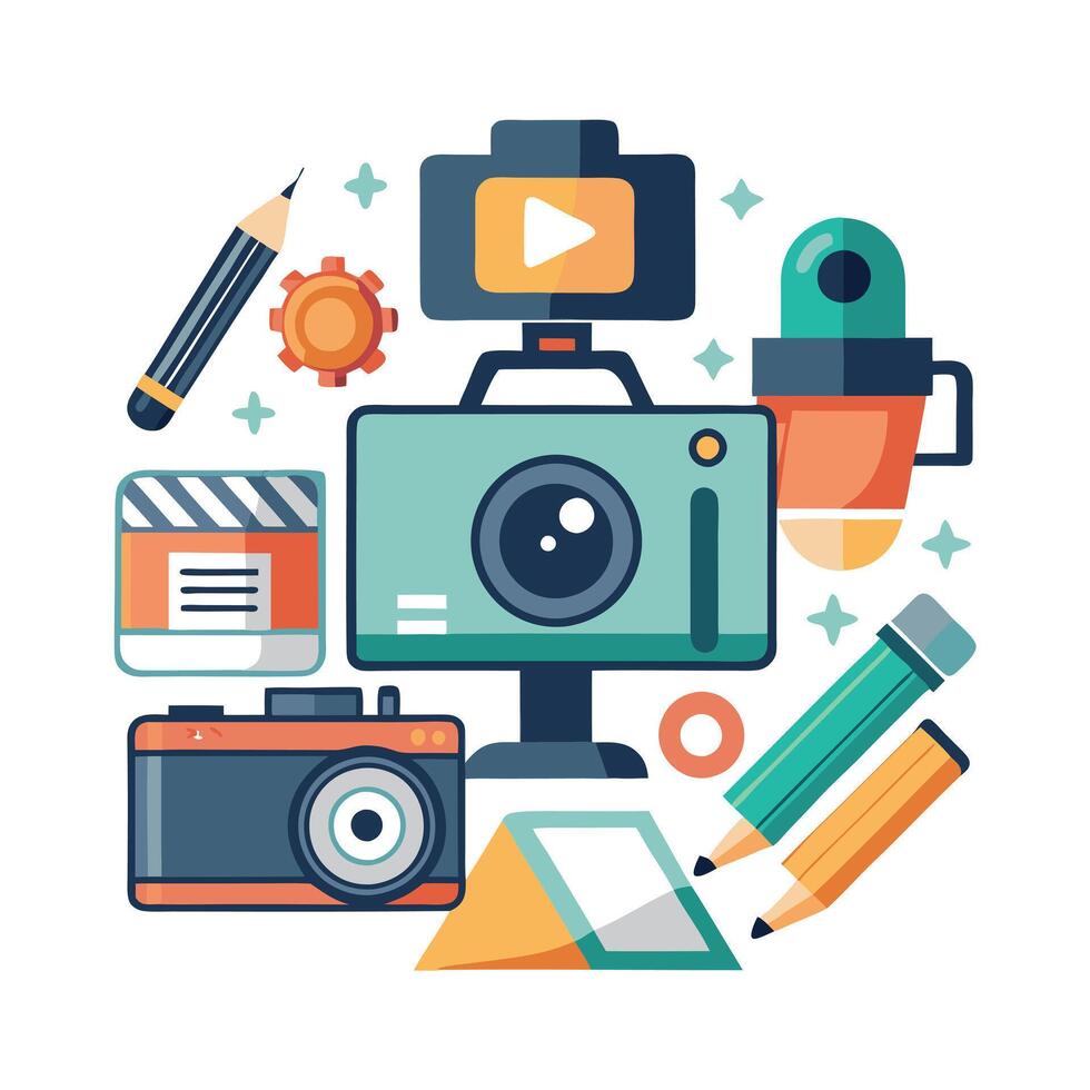 Elegant Camera and Editing Tools Icon with a Content Creation Symbol and Isolated Background vector