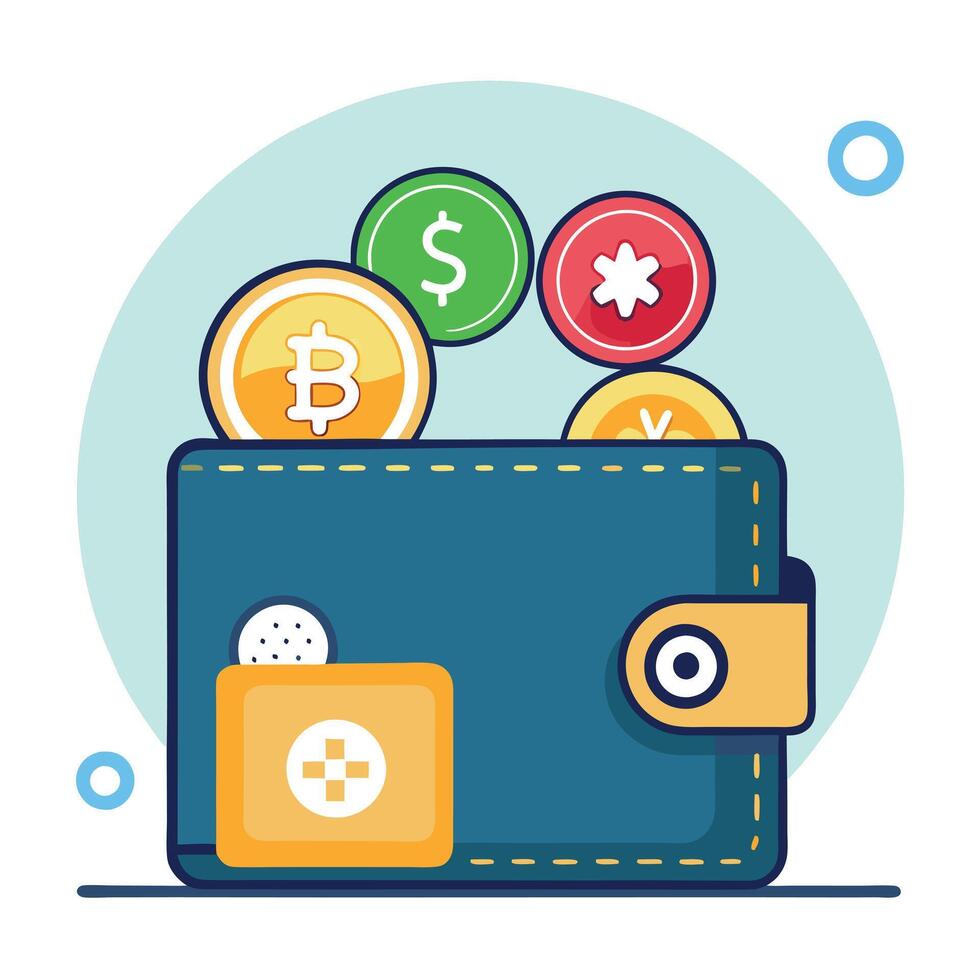 Elegant Wallet Icon with Cryptocurrency and Isolated Background vector
