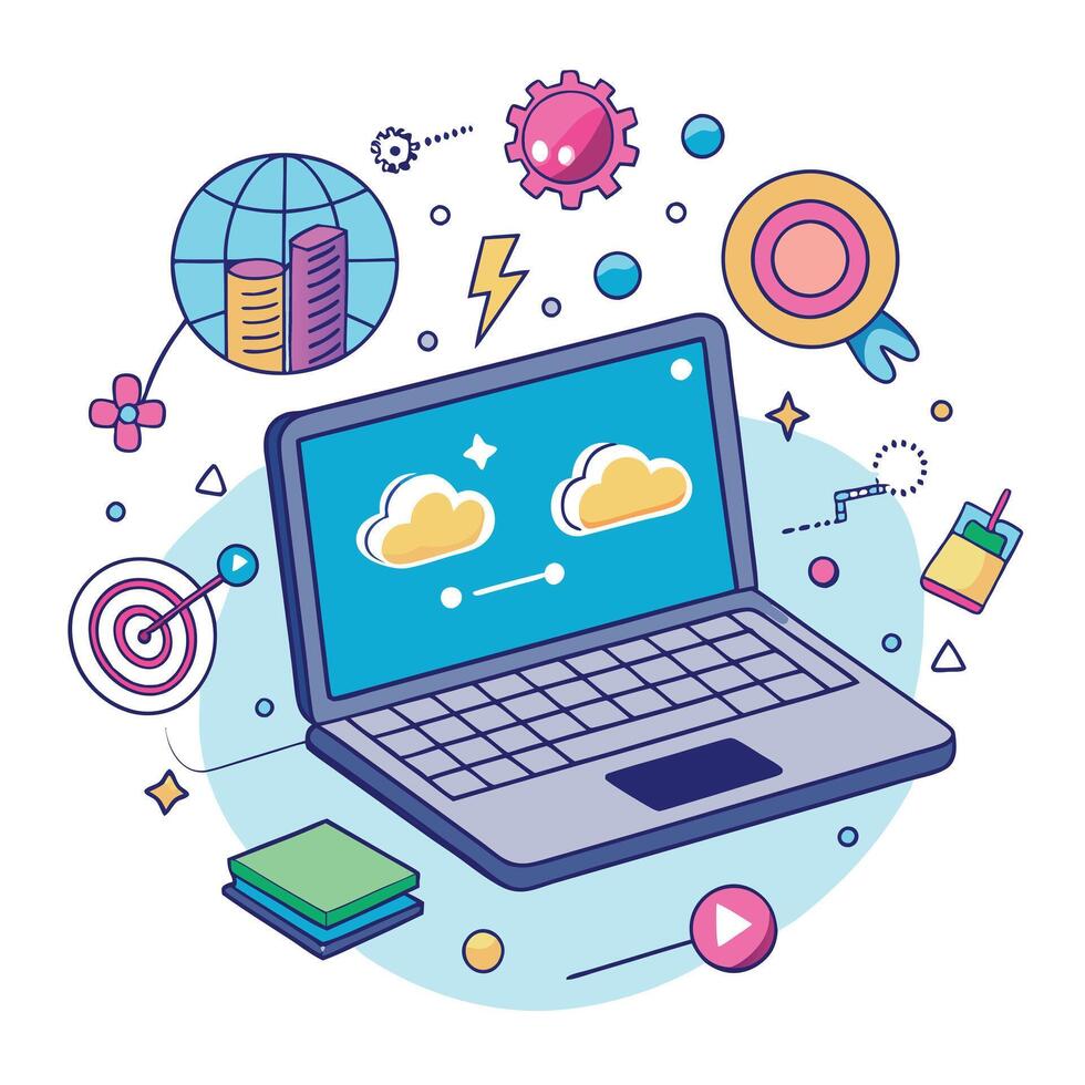 Modern Laptop Icon with Digital Transformation Elements and Isolated Background vector