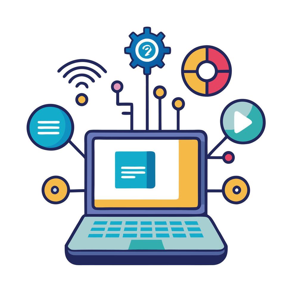 Laptop Icon with Digital Transformation Elements and Isolated Background vector