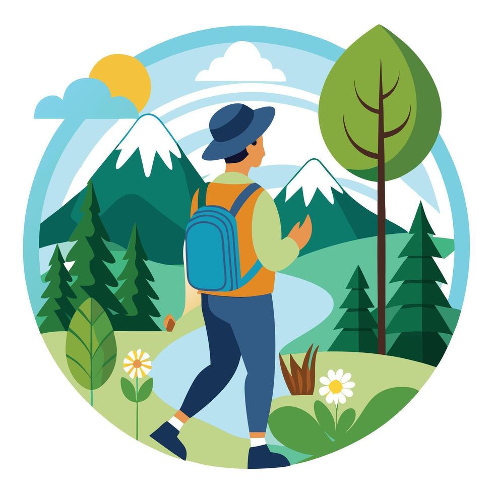 Modern Backpacker Icon Exploring Nature and Isolated Background vector