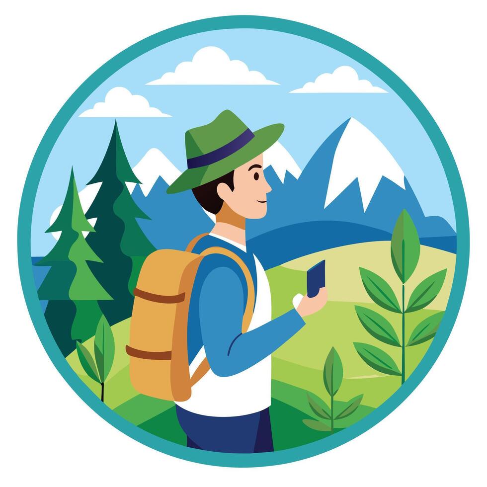 Elegant Backpacker Icon Exploring Nature and Isolated Background vector