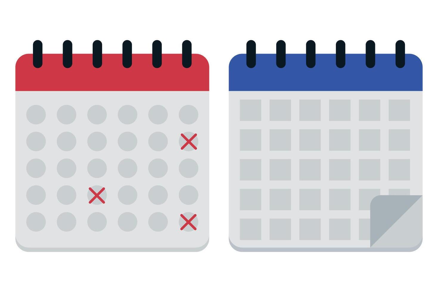Two calendars with red and blue cross marks on them vector