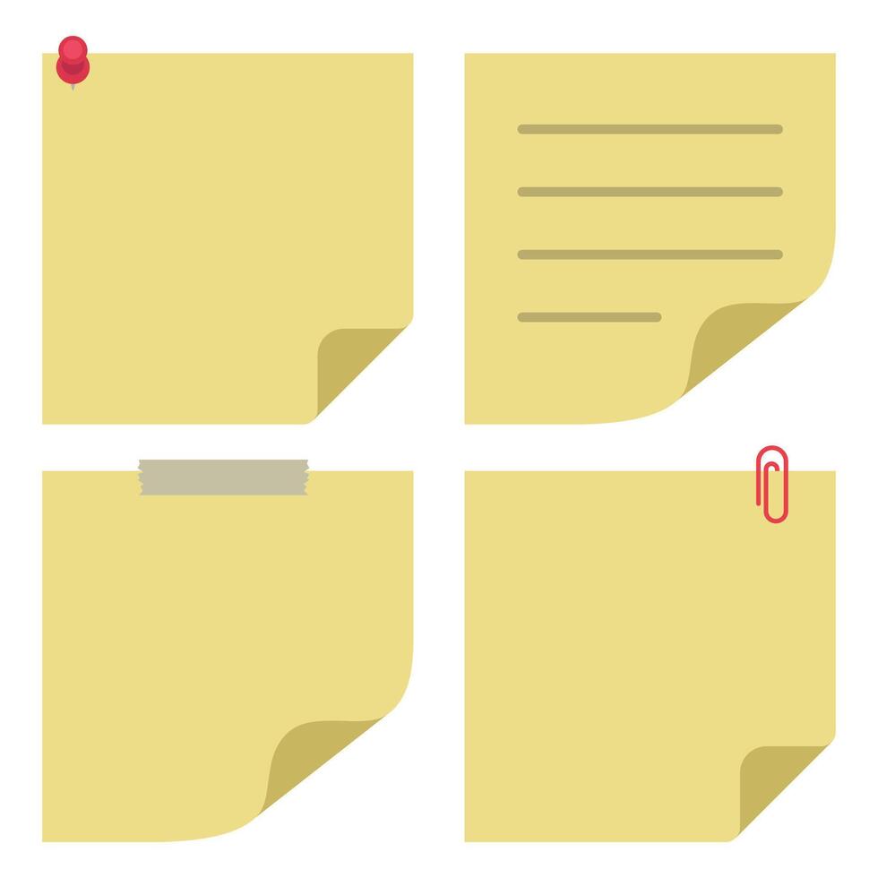 Four sticky notes with paper clips and a red pin vector