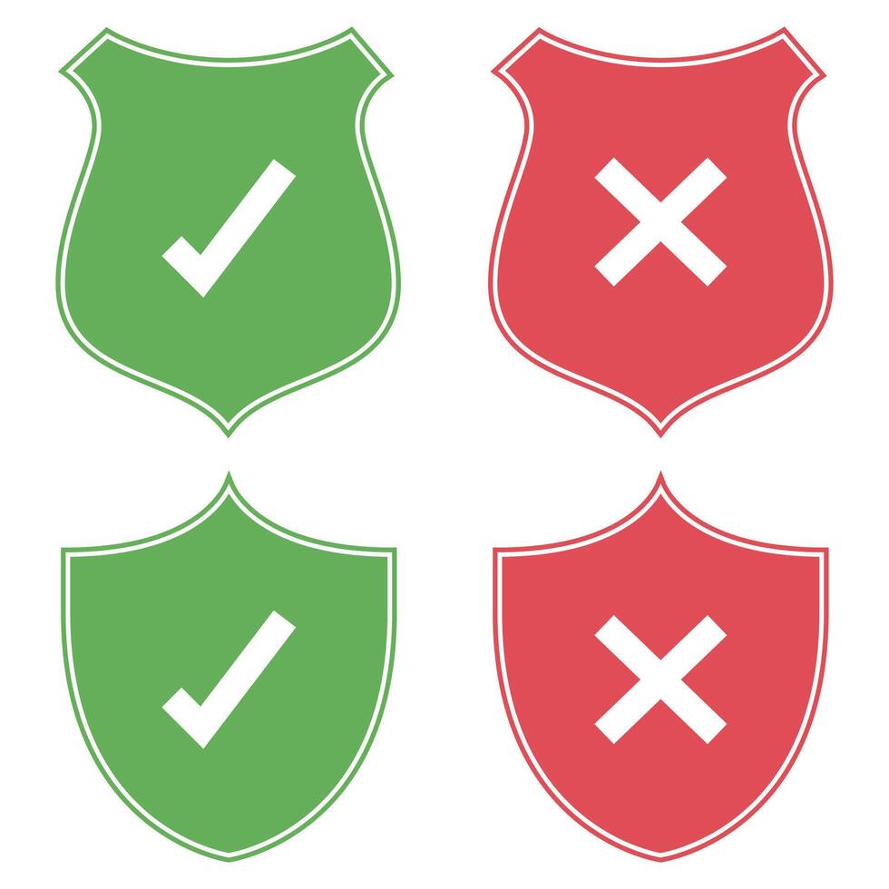 Four green and red shields with tick and cross vector