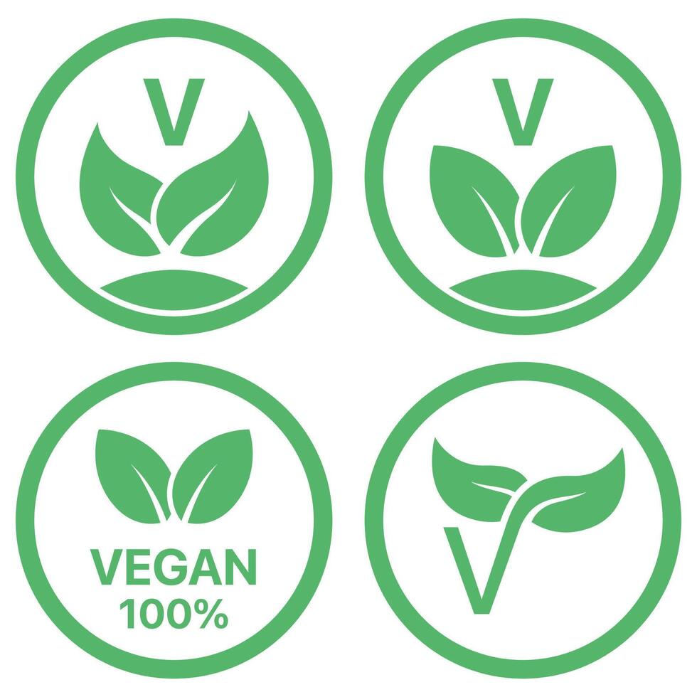 Four different vegan labels, including one with a leaf vector
