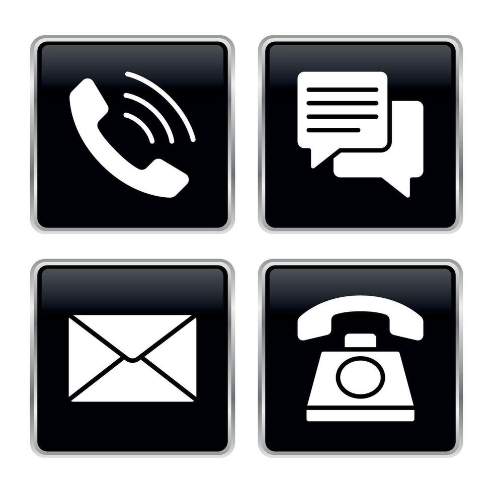Four black buttons with phone and email icons vector