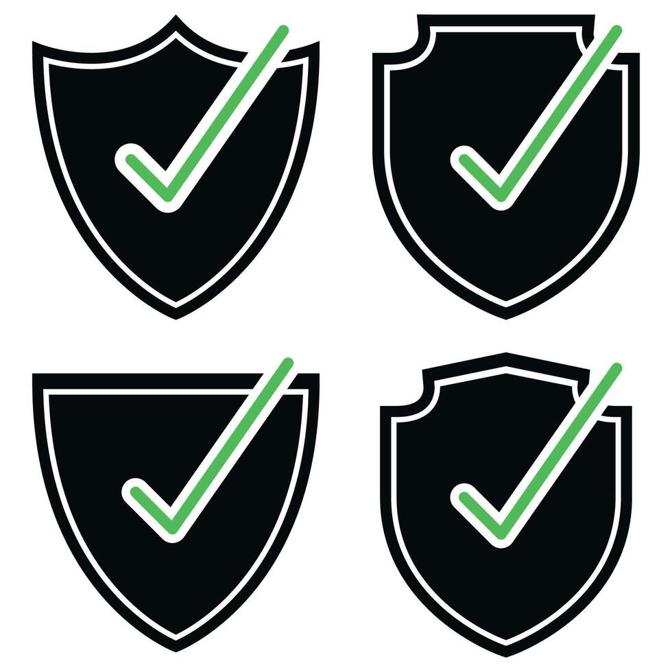 Four black and green shields with tick marks vector