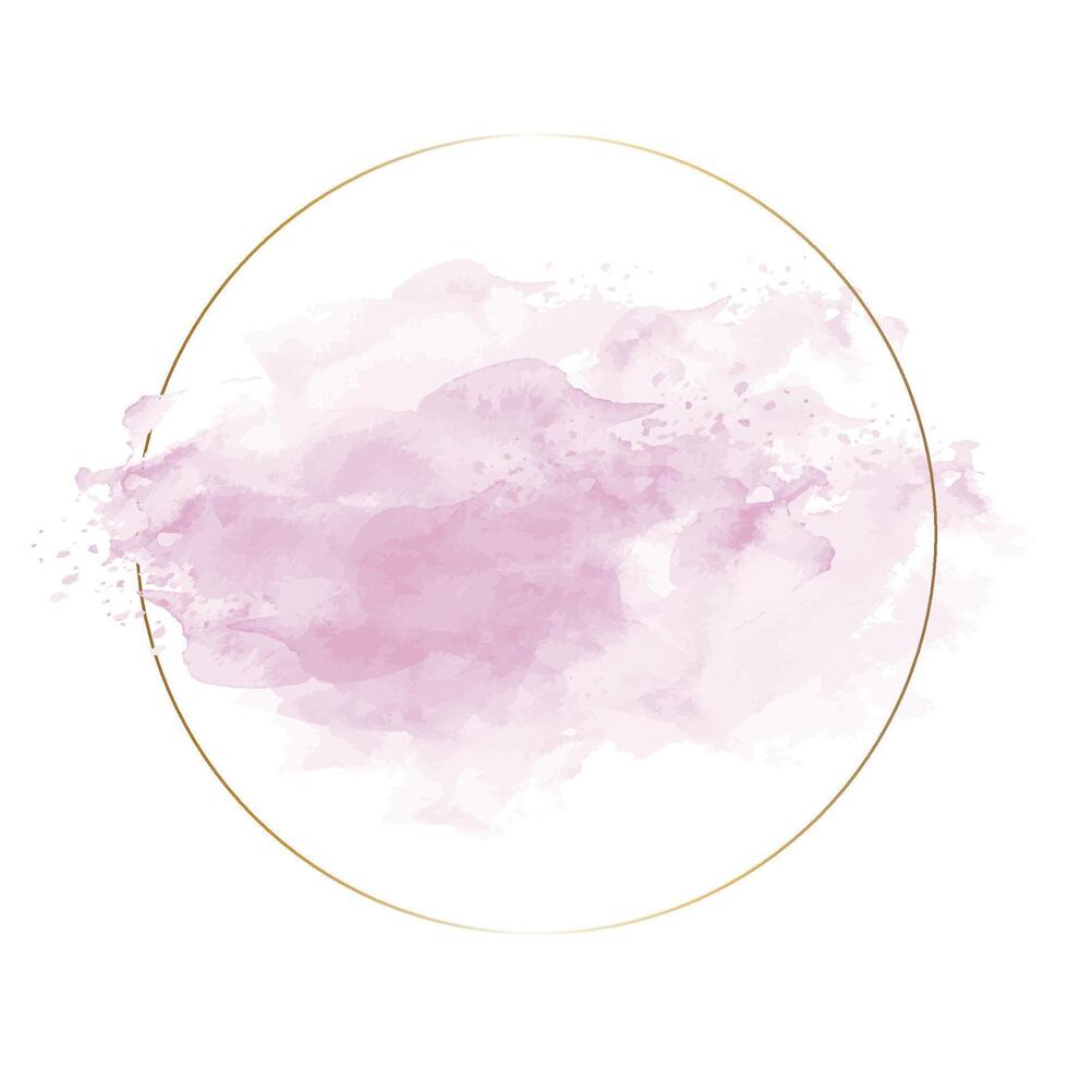 Pink watercolor paint in a circle with gold frame vector