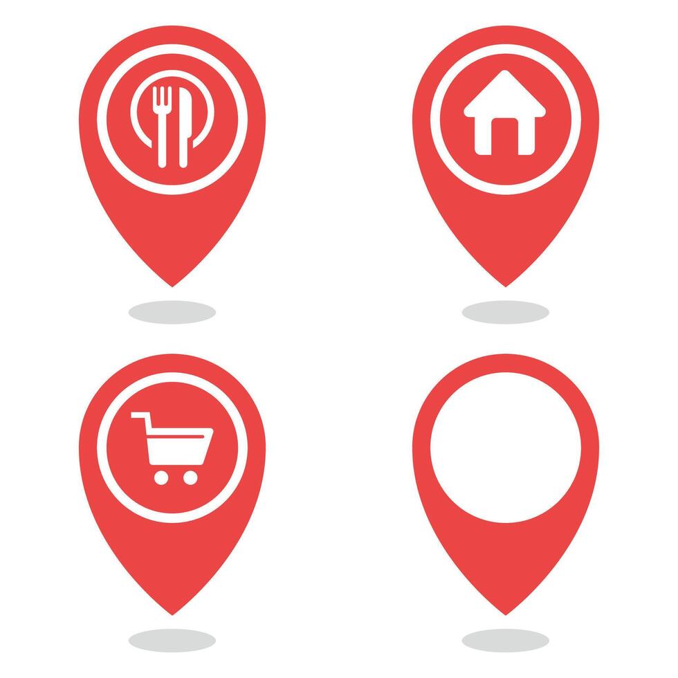 Four red pinpoints with icons of food and shopping vector