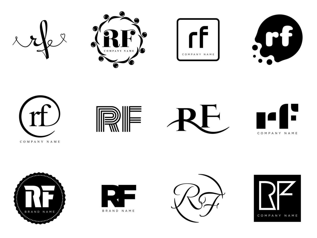 RF logo company template. Letter r and f logotype. Set different classic serif lettering and modern bold text with design elements. Initial font typography. vector