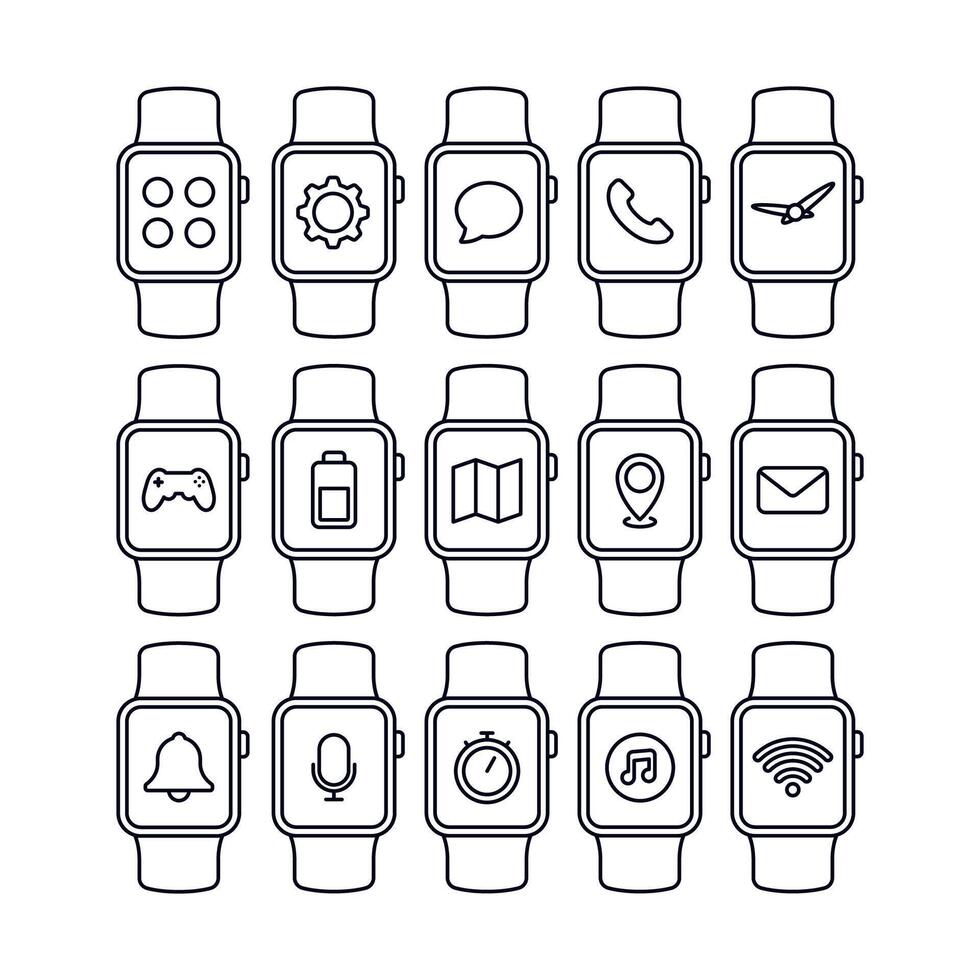 Smart Watch Apps Big Set Outline Style vector