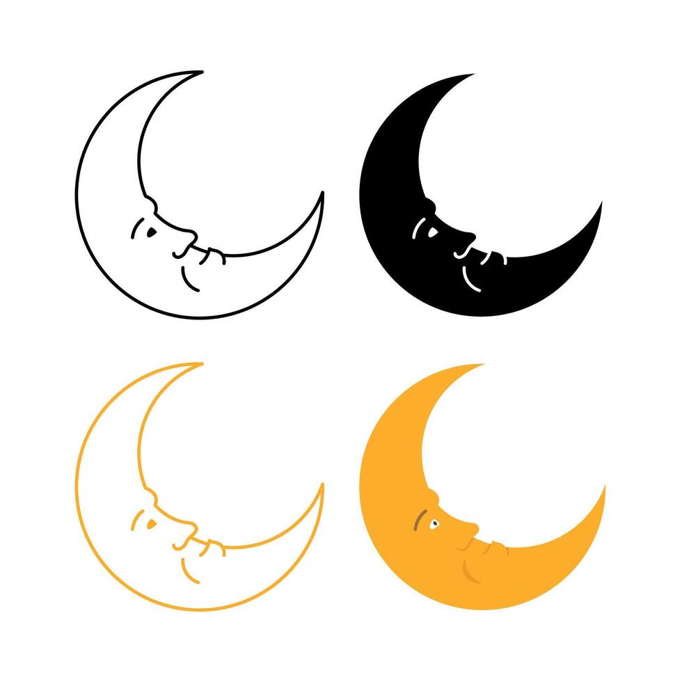 Crescent Moon With Face Set vector