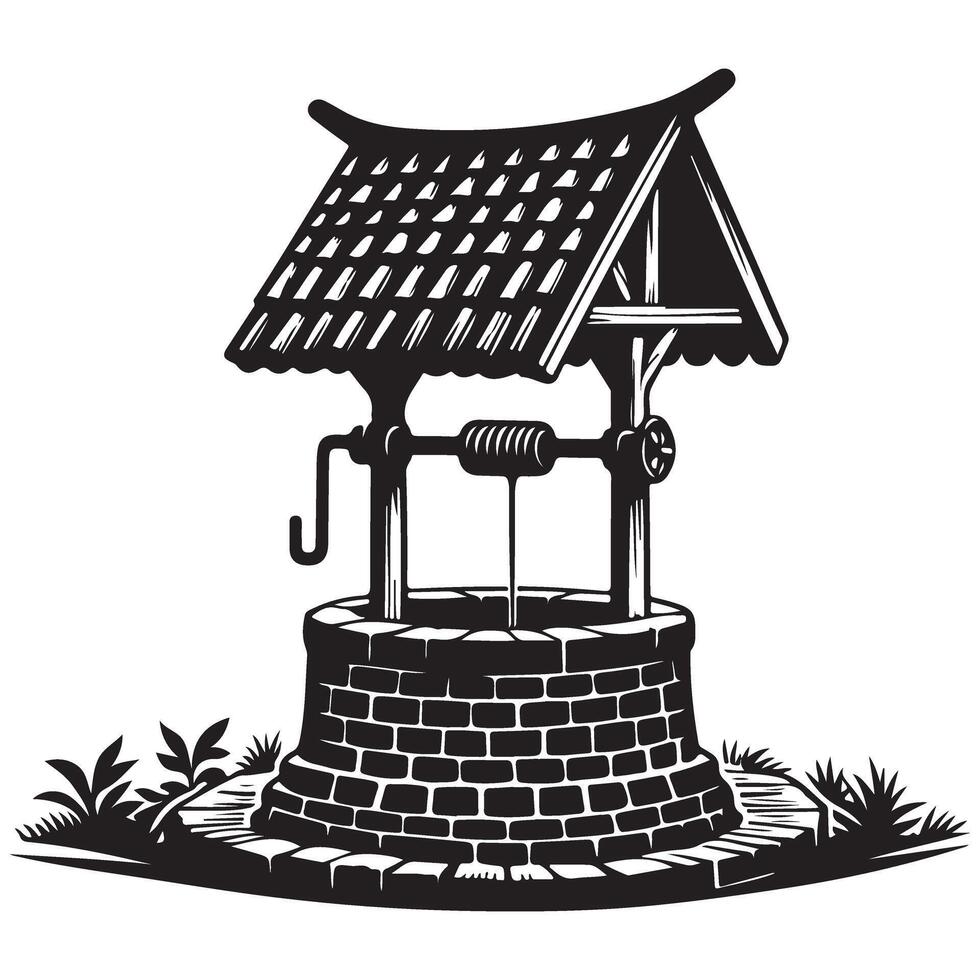 Classic Water Well Silhouette with Pulley and Bucket Illustration vector
