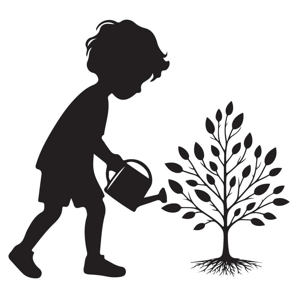 Silhouette Boy Watering a Tree for Growth and Environmental Care vector