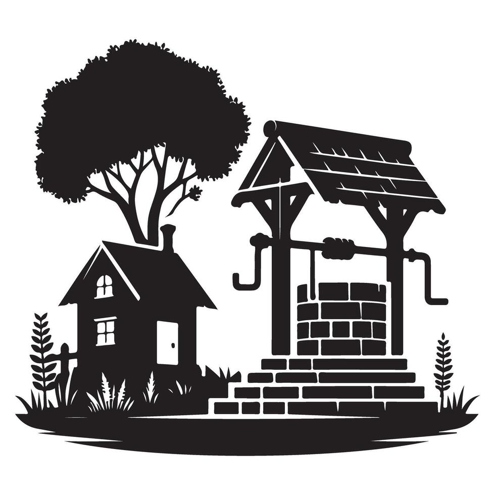 Picturesque Countryside Retreat A House Well and Thriving Tree vector