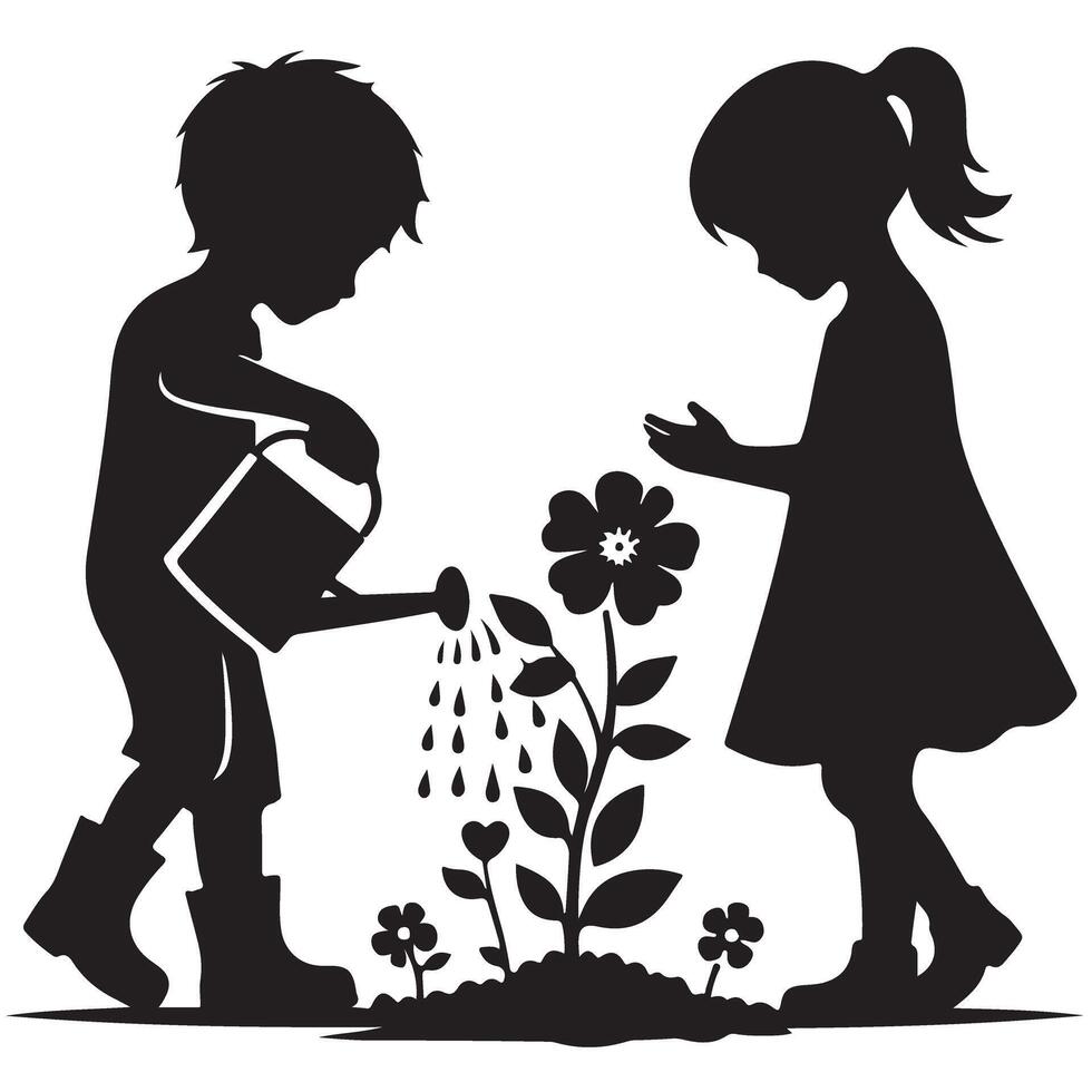 Silhouette Children Watering Flowers Planting Seeds for Future Growth vector