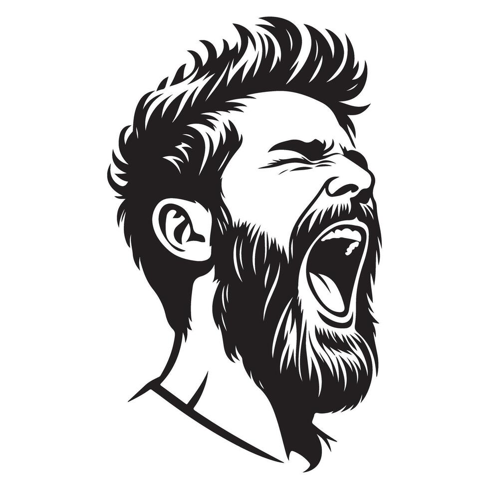 Detailed Illustration of a Man Yelling with Open Mouth and Beard vector
