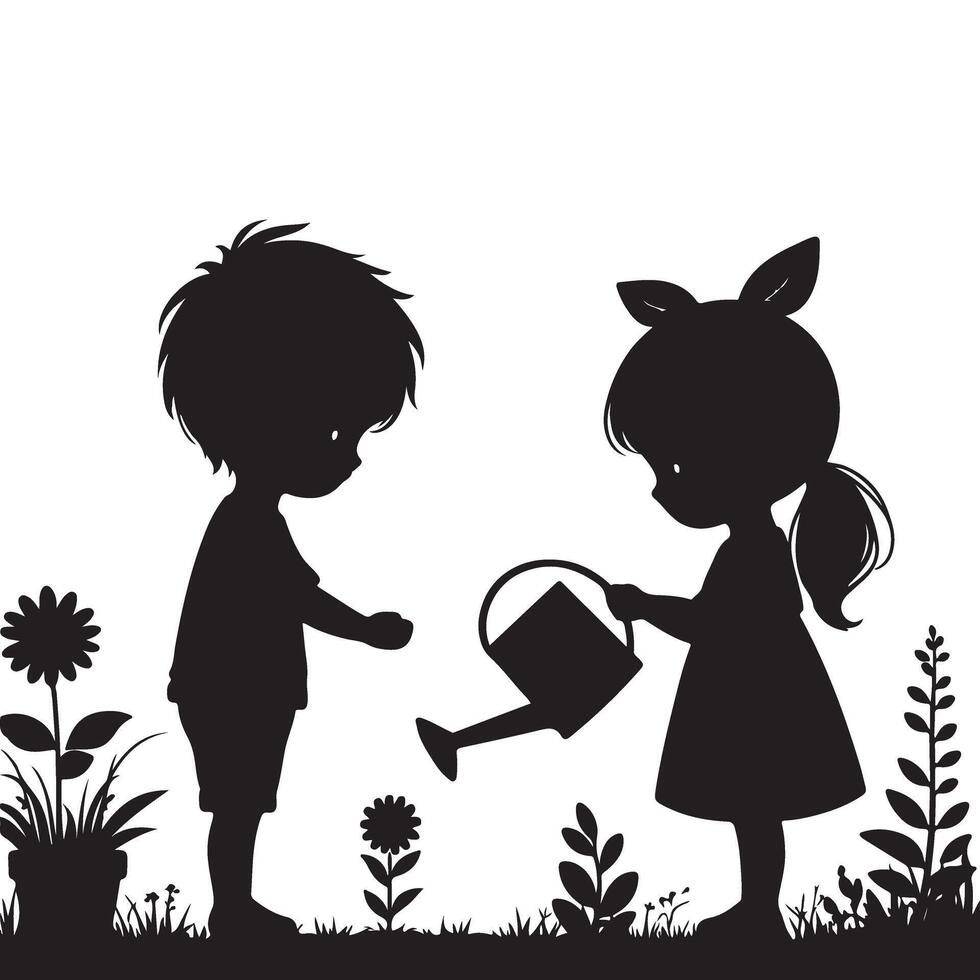 Children Gardening Together Silhouette Illustration Design Art vector