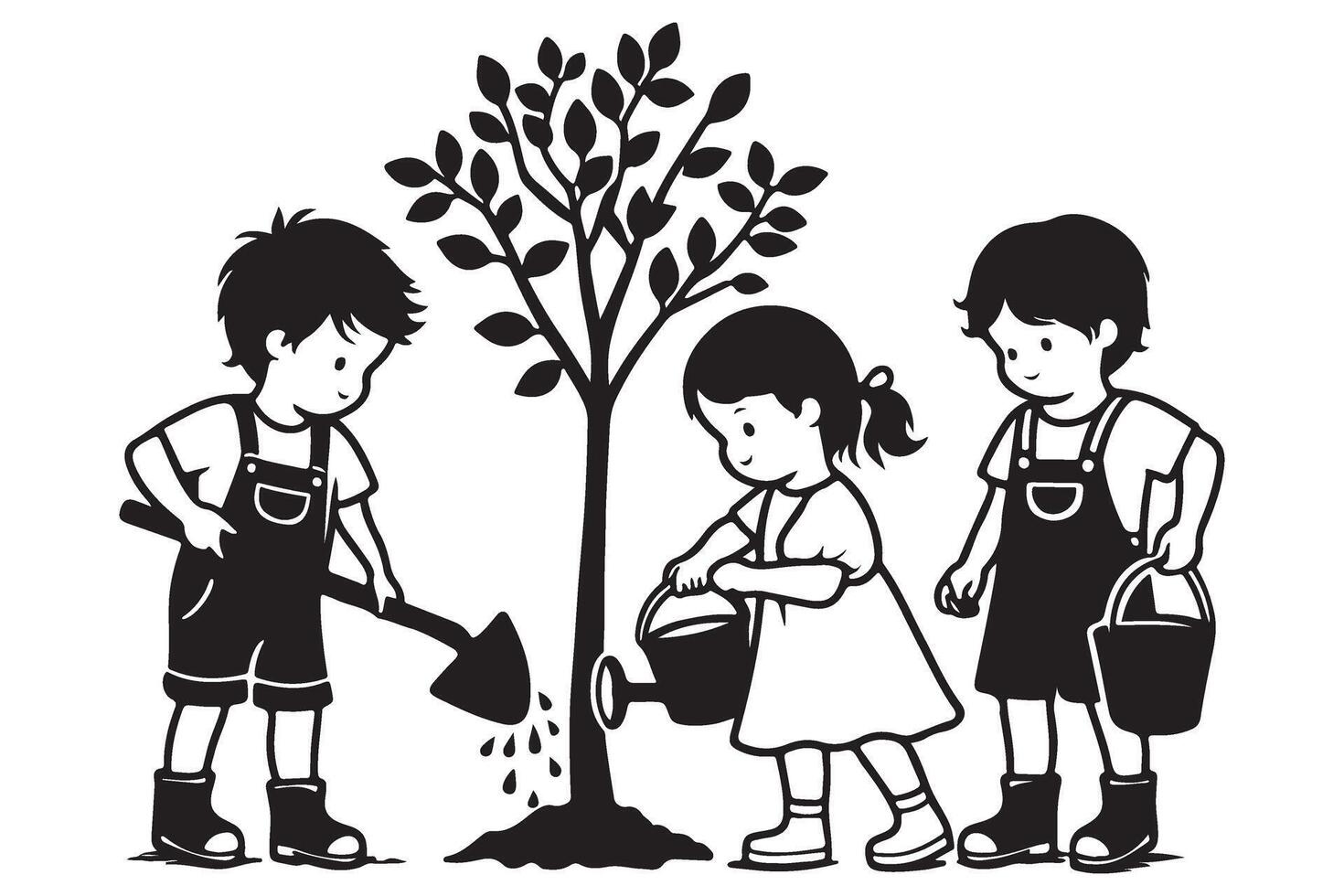 Kids Planting Tree Illustration Symbolizing Collaboration and Teamwork vector