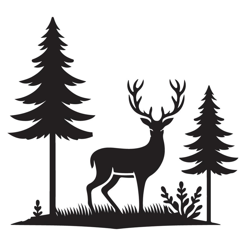 Majestic Deer Silhouette Illustration in Forest Pine Tree Scene vector