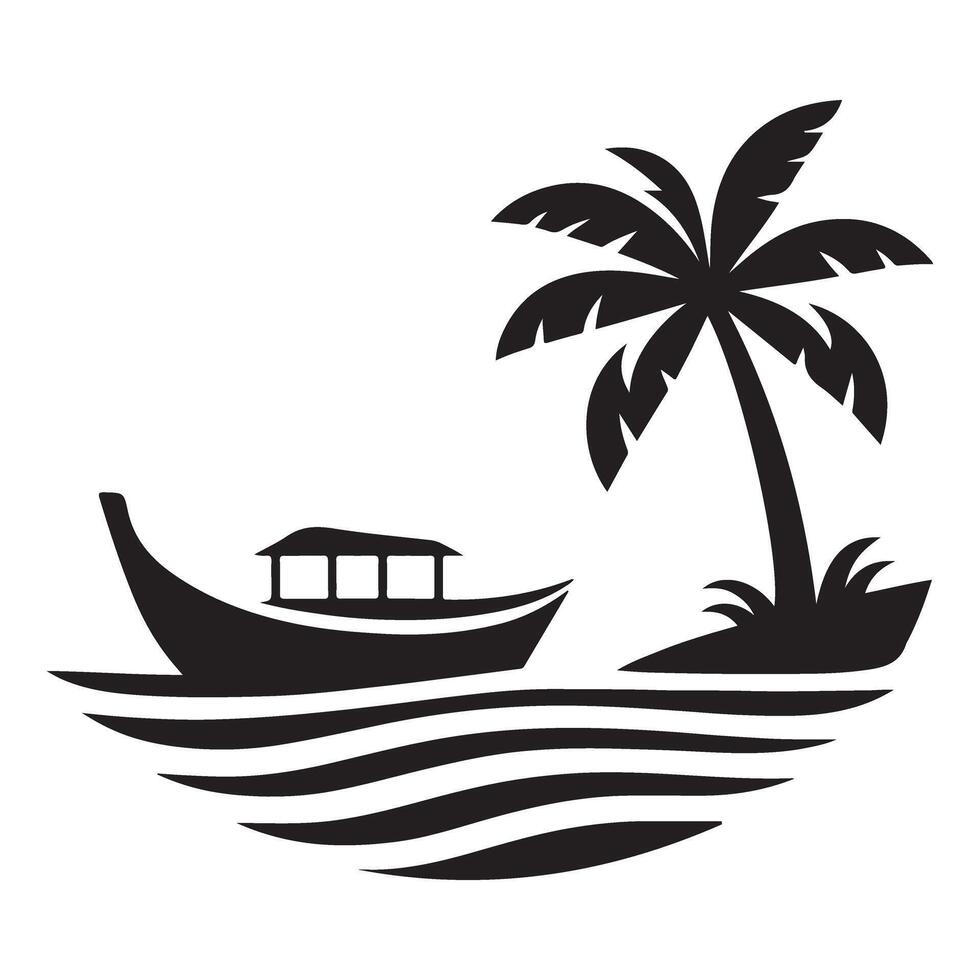 Tropical Paradise Scene Palm Tree Boat on Serene Waters vector