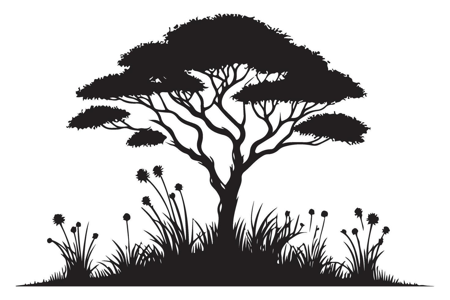 African Tree Silhouette Illustration with Landscape vector