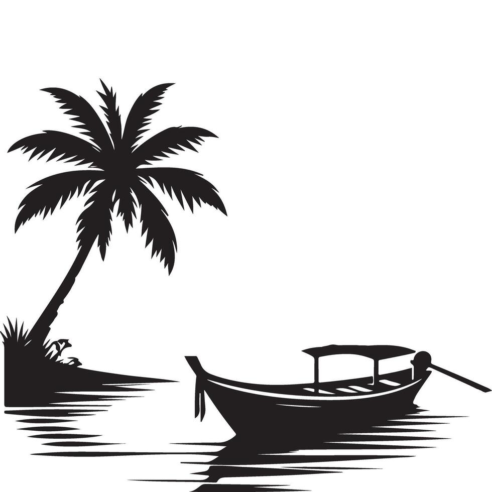 Tropical Island Scenery Silhouette Graphic with Palm Tree Boat vector