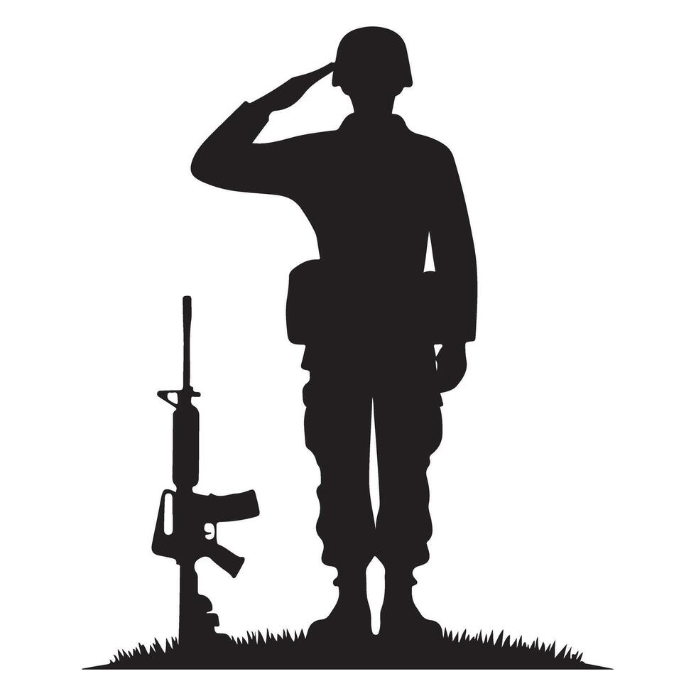 Silhouette of saluting soldier stands guard with rifle illustration vector