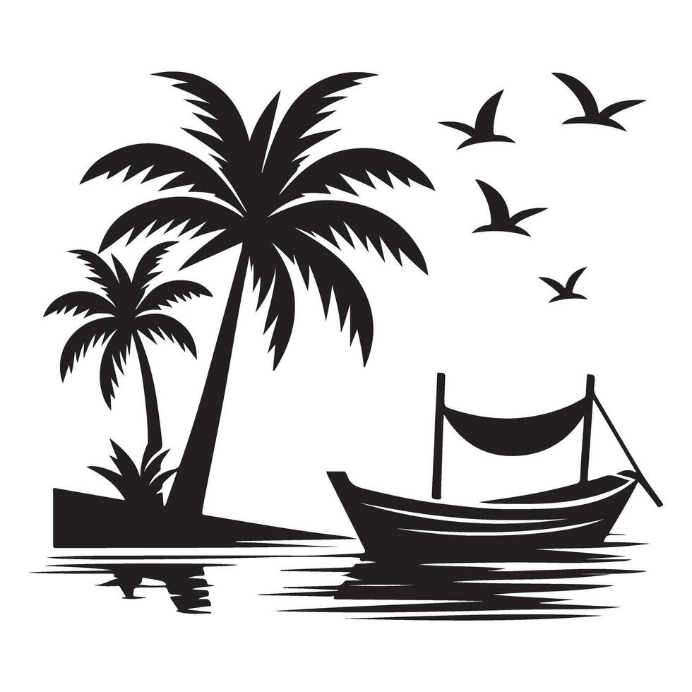 Tropical Island Illustration Silhouette Featuring Palm Trees and Boat vector