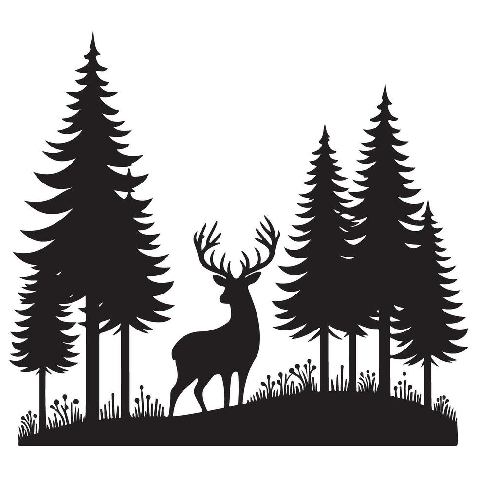 Deer in Forest Silhouette Illustration Nature Wildlife Graphic Art vector