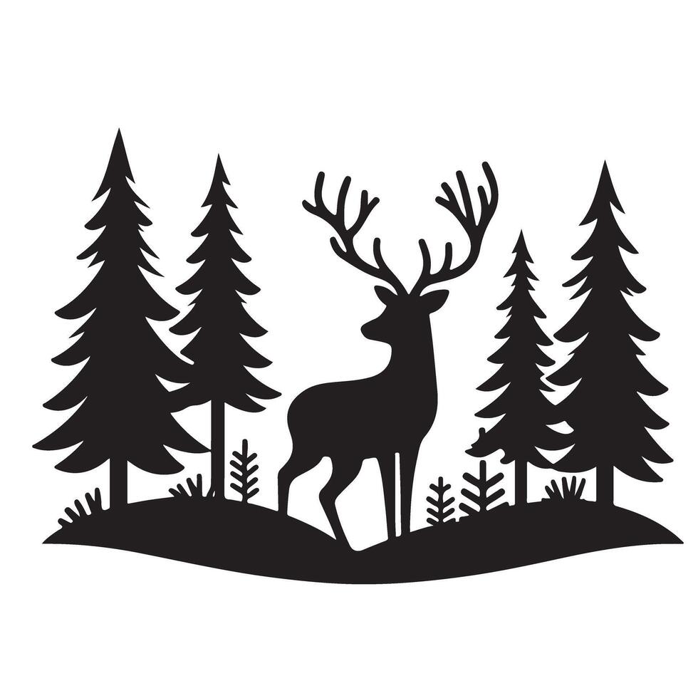 Majestic Deer Silhouette Amidst Pine Trees Scenic Forest Illustration vector