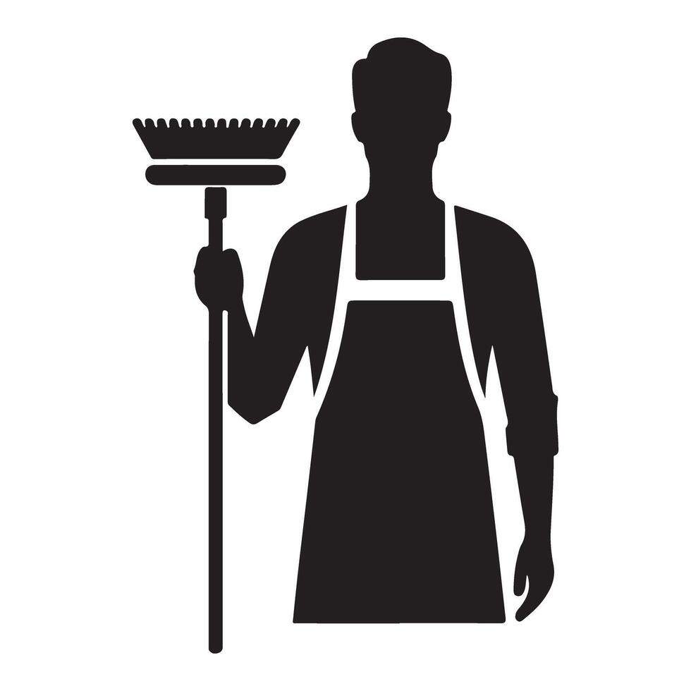 Silhouette Professional Cleaner with Broom Illustration Graphic vector