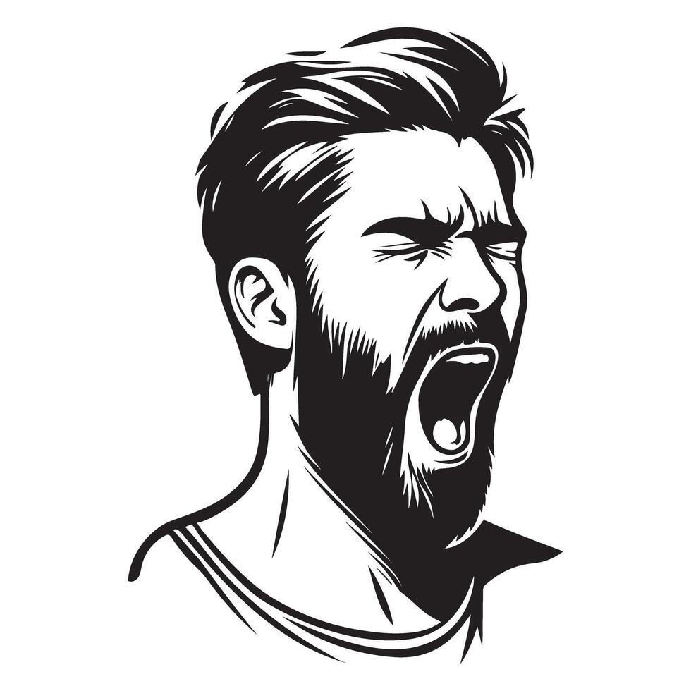 Silhouette of Bearded Man Yawning Loudly Expressing Sleepiness Illustration vector