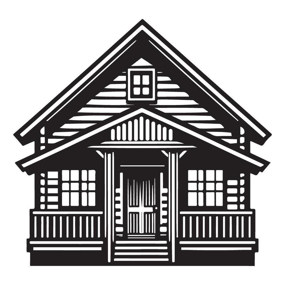 Cozy log cabin house silhouette with porch and gabled roof design vector