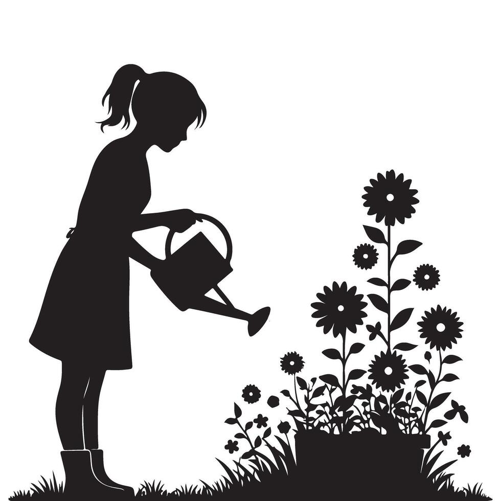 Silhouette Girl Watering Flowers A Simple Black and White Garden Scene vector