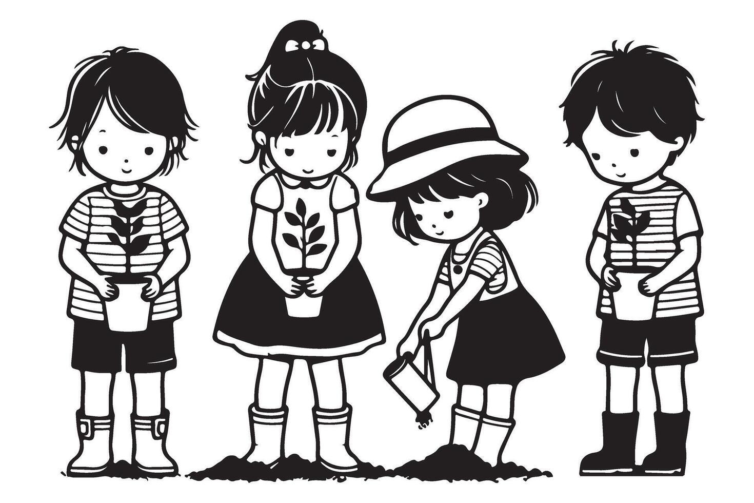 Kids Planting Seedlings Cartoon Illustration Black and White vector