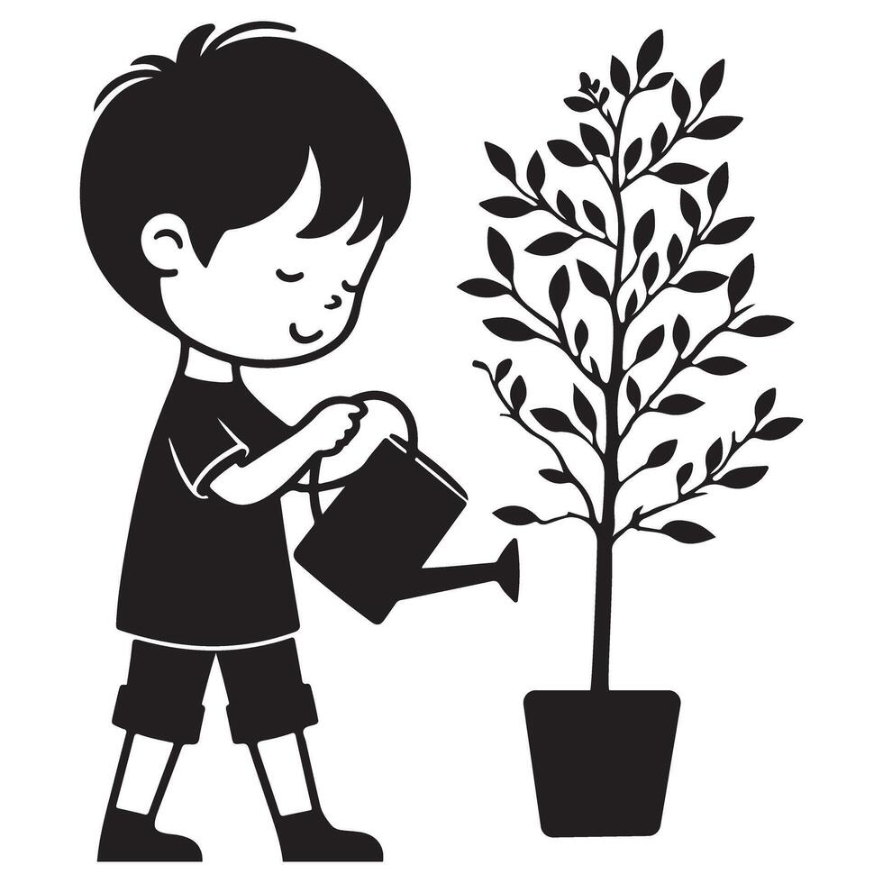 Young Boy Waters Tree Sapling Black and White Illustration vector