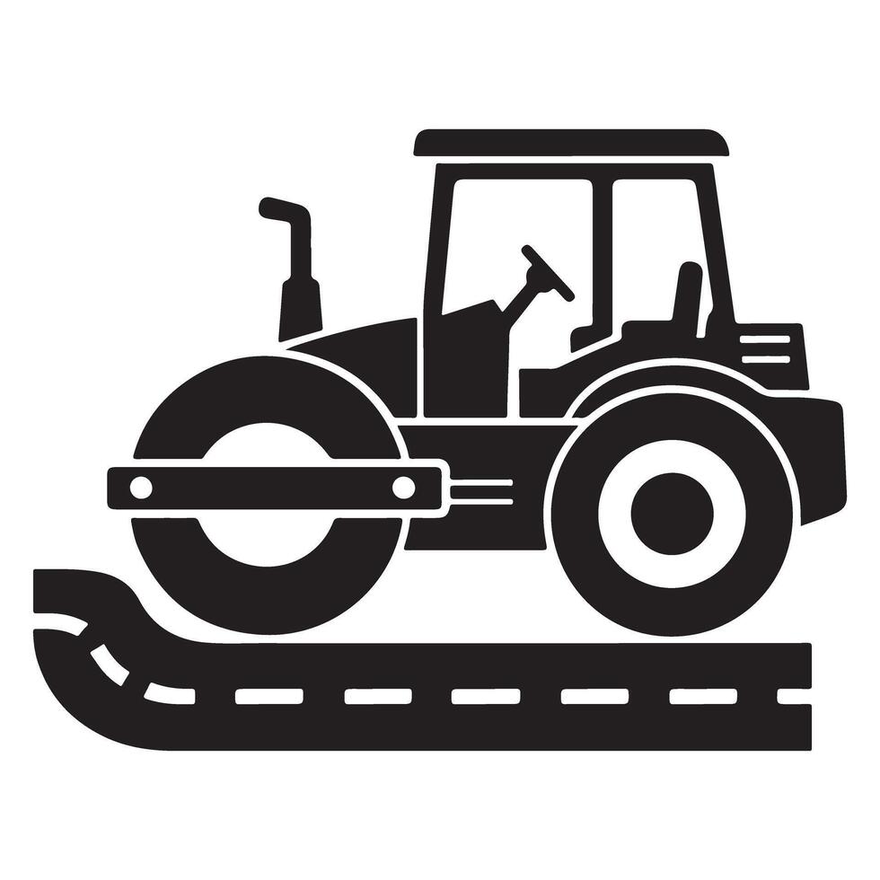 Heavy road roller compactor silhouette flattens asphalt surface for construction projects vector