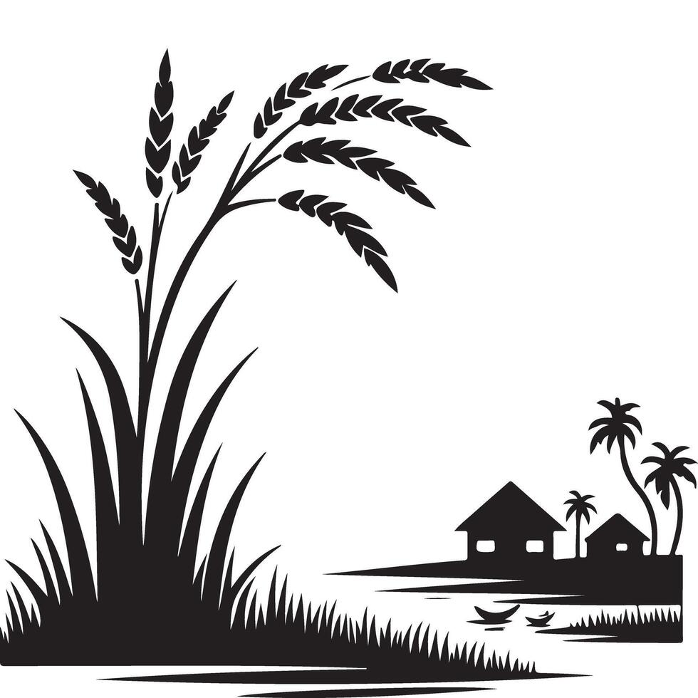 Scenic Village Rice Field Silhouette Illustration Graphic Design vector