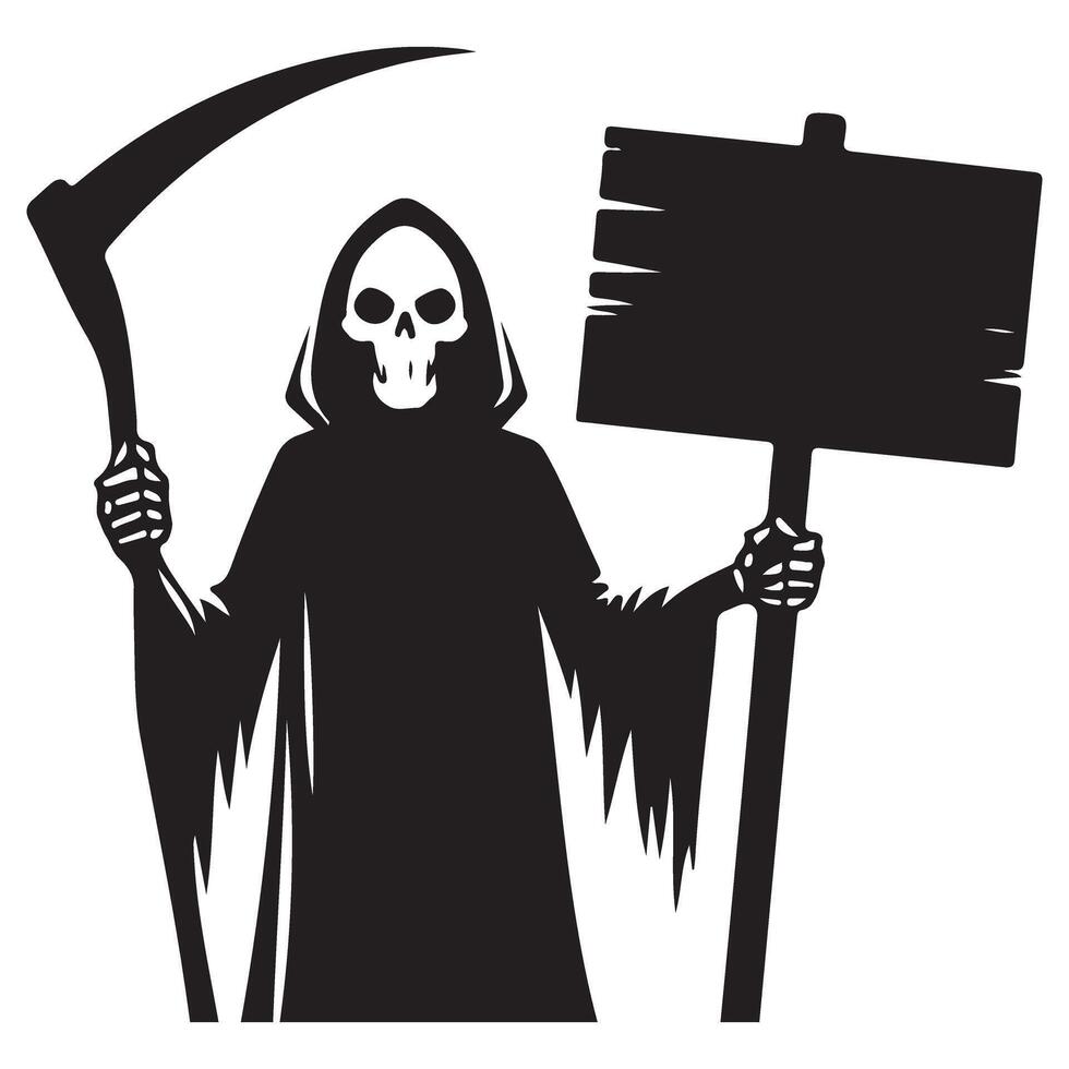 Grim Reaper Silhouette Holding Scythe and Blank Sign Graphic vector