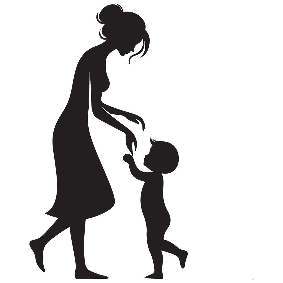 Silhouette Mother Encouraging Her Toddler's First Steps Graphic vector