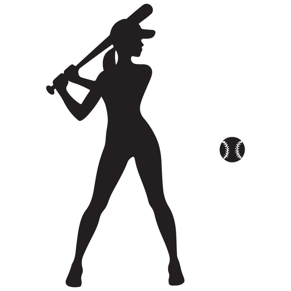 Female Baseball Player Silhouette with Bat and Ball Ready to Strike vector