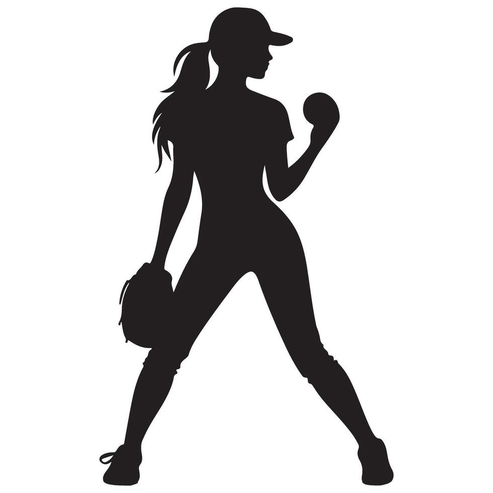 Female Softball Pitcher Silhouette with Ball and Glove Ready Throw vector