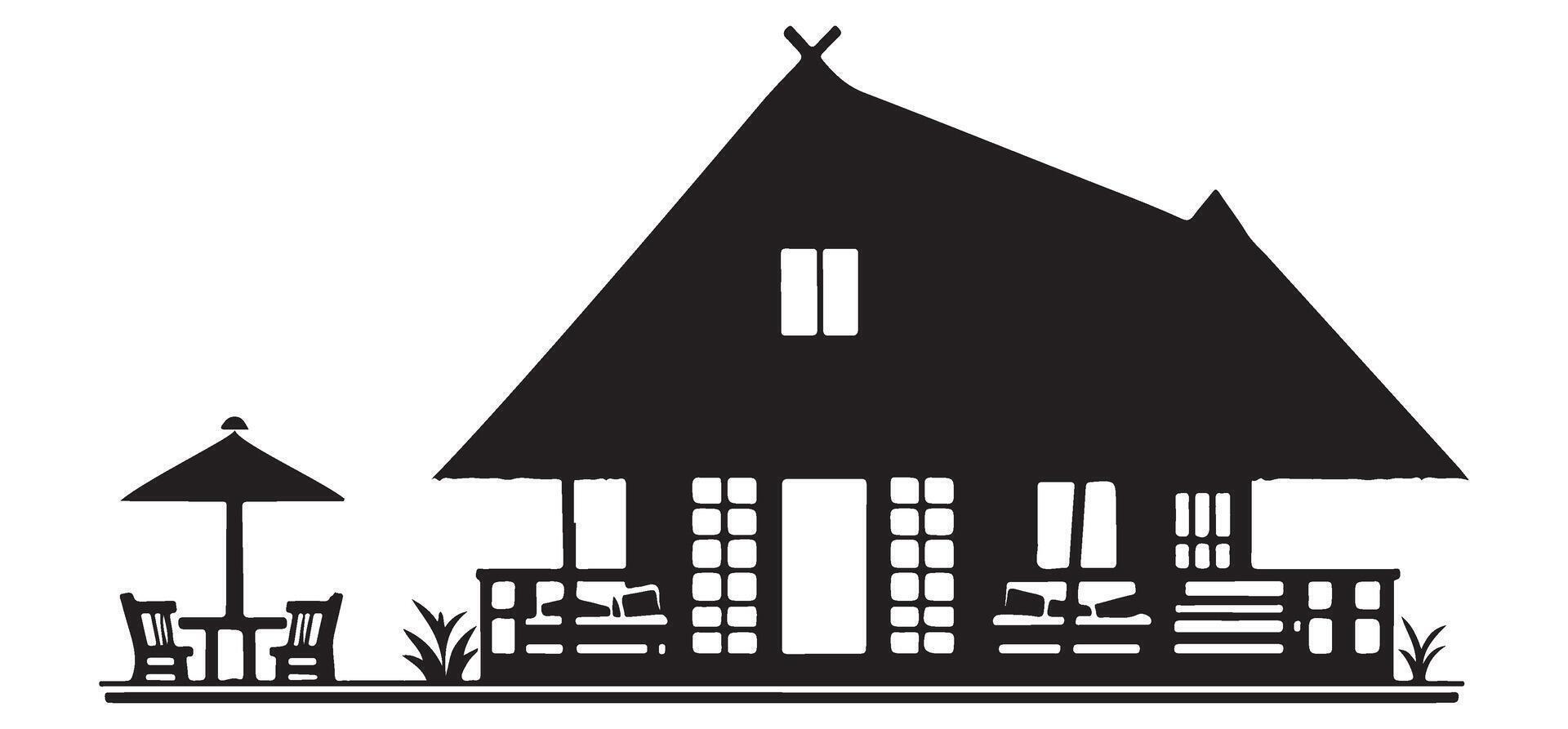 Black and White Illustration of Cottage House with Thatched Roof vector