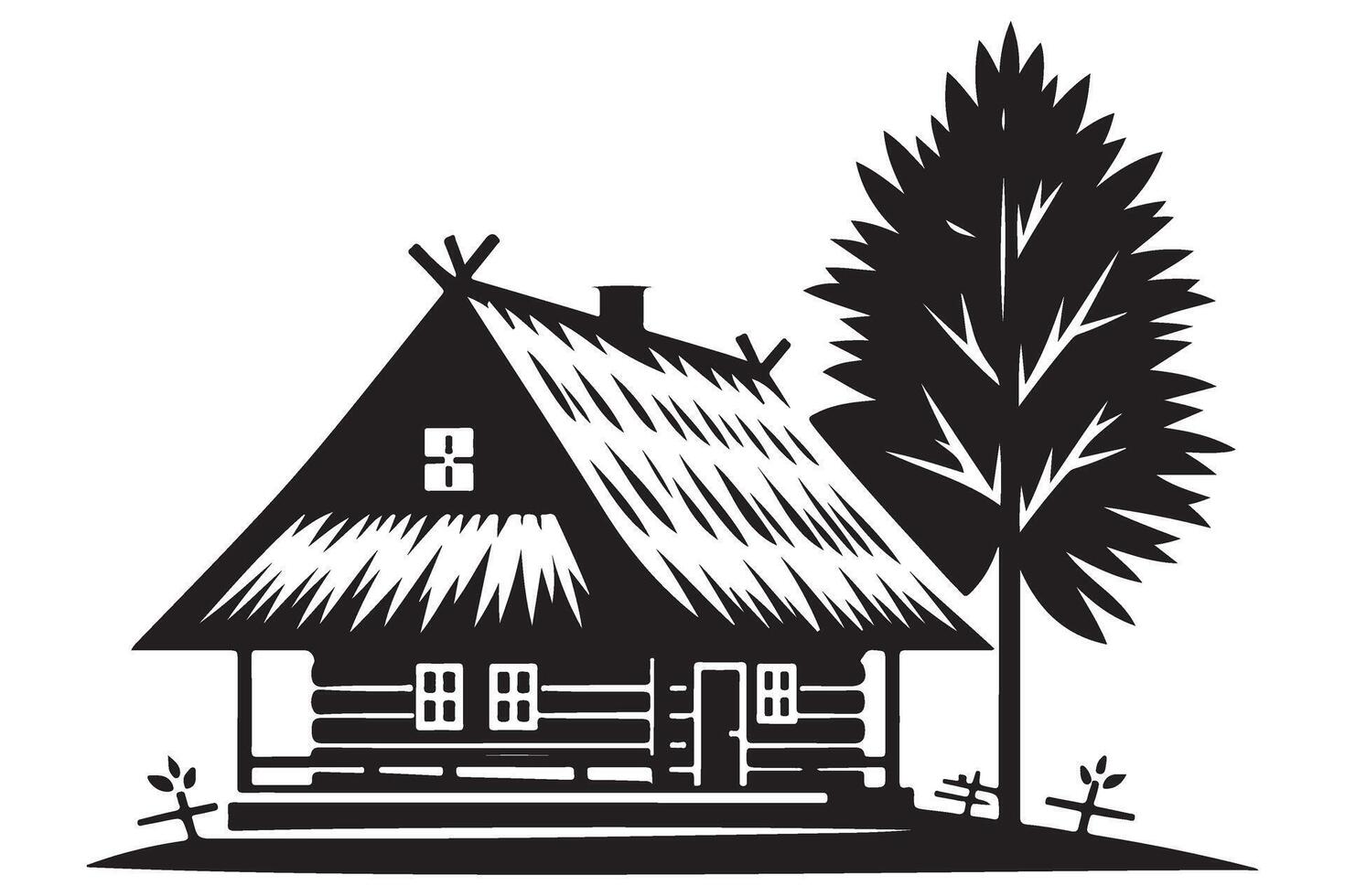 Silhouette of a Traditional Cabin with Thatched Roof and Tree vector