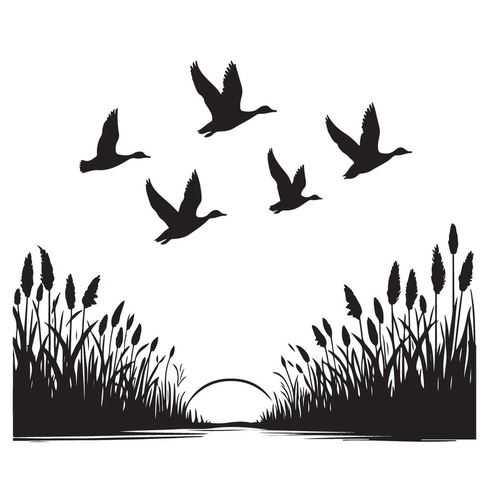 Silhouette Ducks Flying over Wetland Sunrise Graphic Design vector