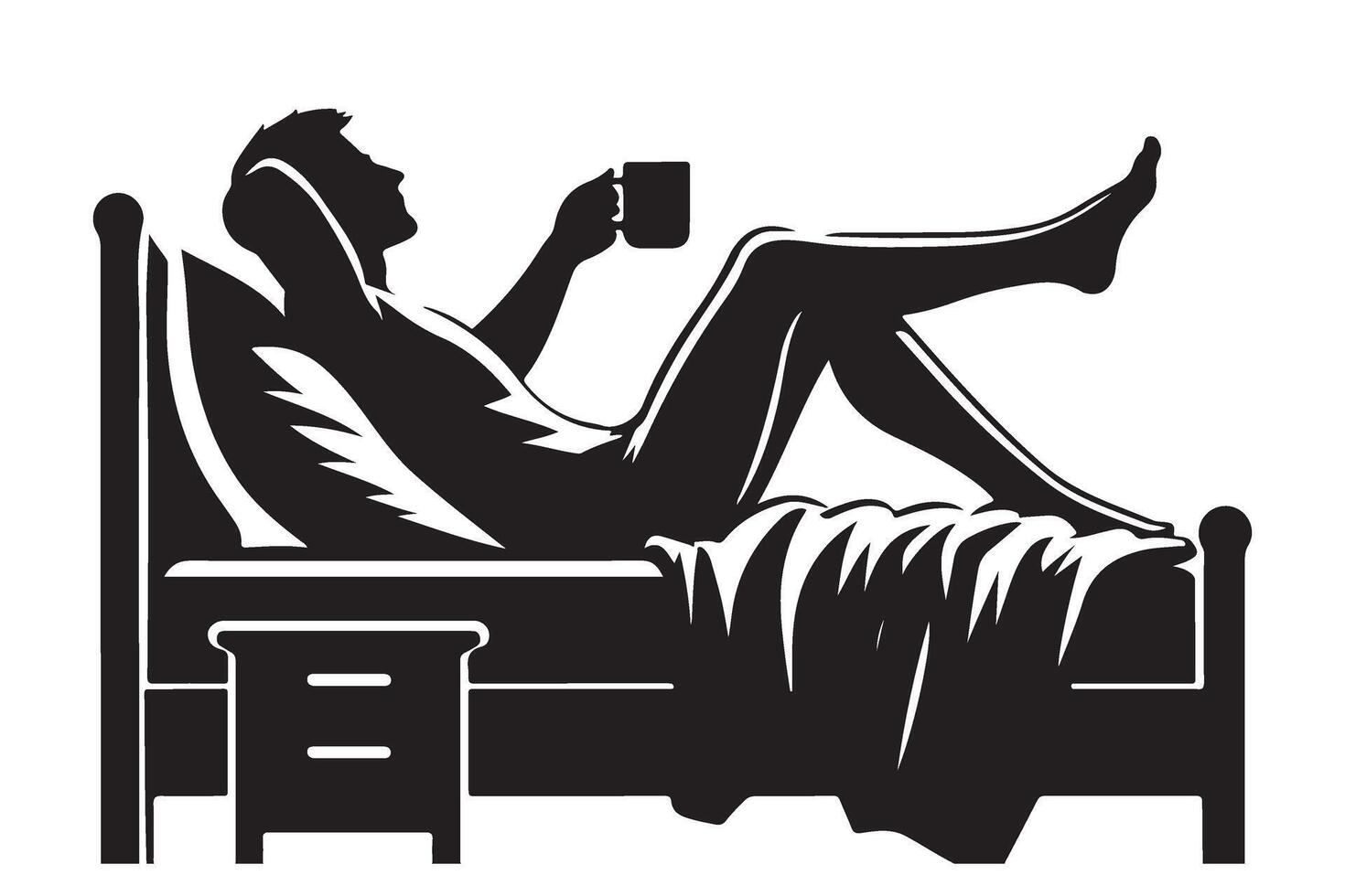 Man Relaxing in Bed Silhouette with Coffee Leisurely Morning Routine vector