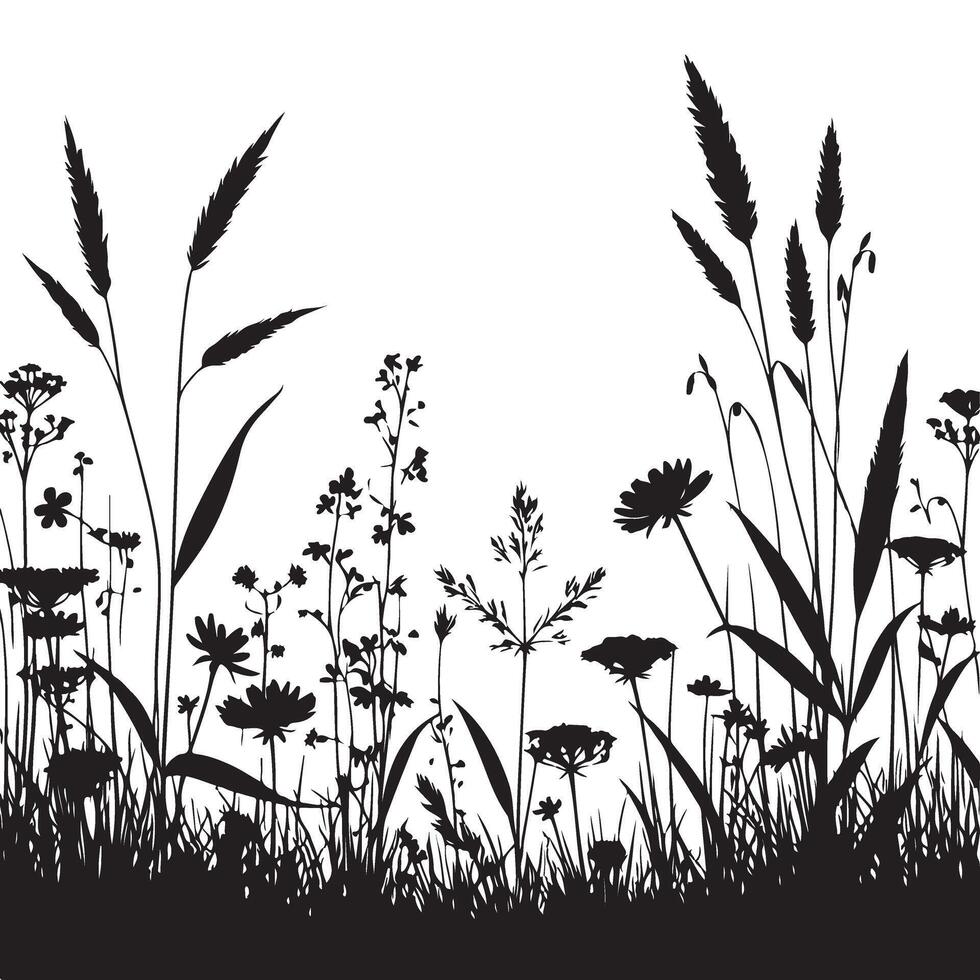 Silhouette Illustration of Wildflowers and Grasses for Design vector