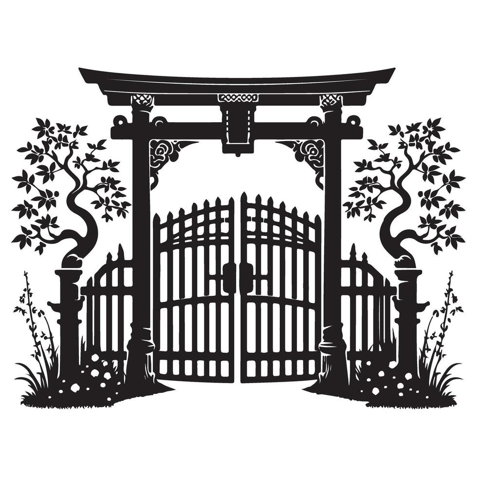 Japanese Torii Gate Silhouette Illustration a Serene Garden Entrance vector
